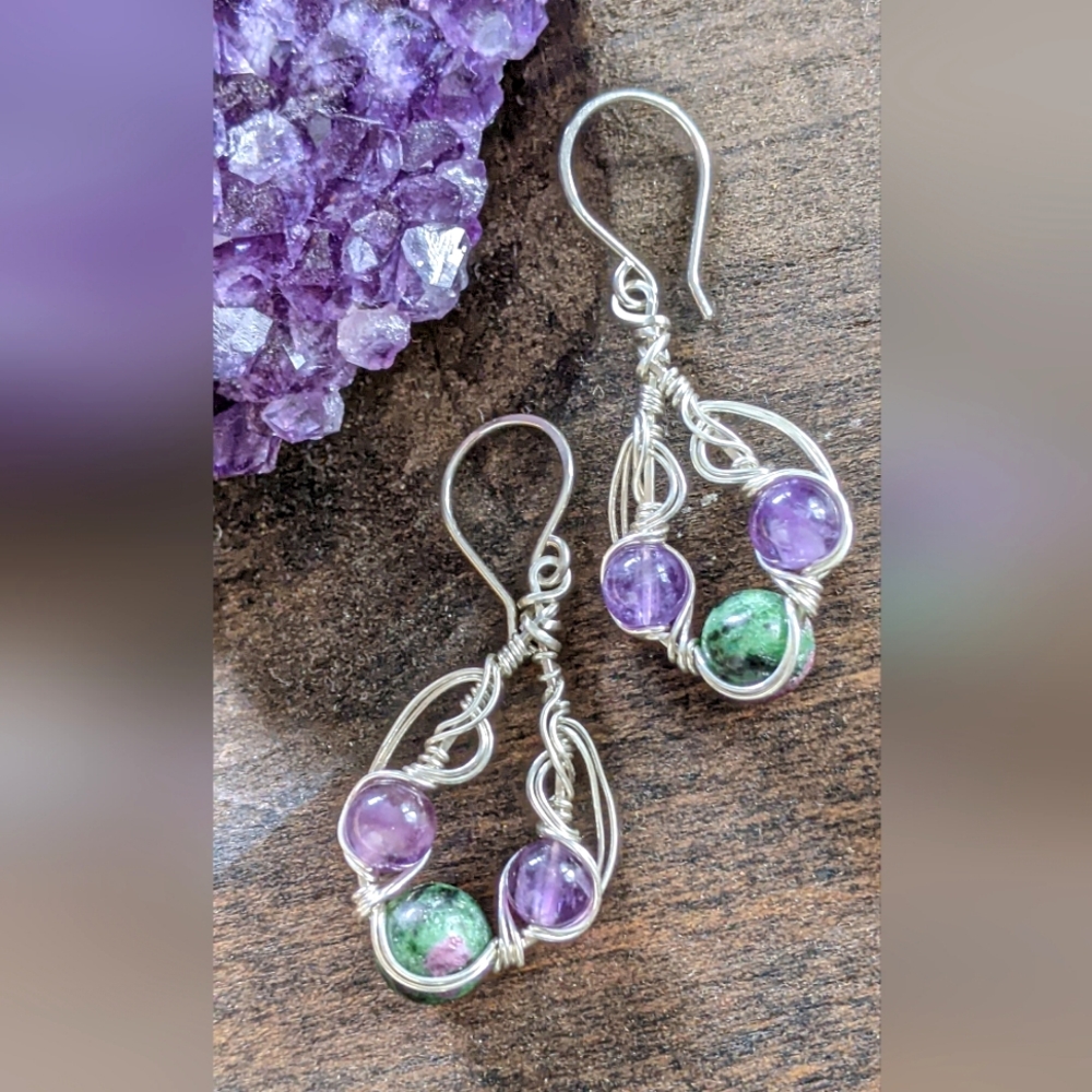 Artisanal Sterling Silver Earrings Amethyst And Ruby Zoisite Gemstones - Picture 4 of 11